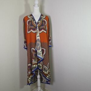 Peachpuff USA Orange Boho Kimono Dress Womens Size M Floral Paisley Print Caftan
